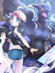  1girl antenna_hair black_vest black_wristband blue_eyes brown_hair clenched_hand closed_mouth commentary_request electricity eyelashes hat high_ponytail highres hilda_(pokemon) inana_umi long_hair looking_at_viewer poke_ball_print pokemon pokemon_(creature) pokemon_(game) pokemon_bw shirt short_shorts shorts sidelocks vest white_headwear zekrom 