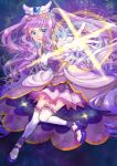  1girl absurdres aqua_eyes commentary_request cure_majesty dress elbow_gloves ellee-chan eyelashes gloves hair_ornament happy highres hirogaru_sky!_precure long_hair looking_at_viewer magical_girl precure purple_background purple_dress purple_hair smile solo thighhighs thighs very_long_hair waka_(negronoir) white_gloves 