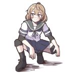  1girl ahoge bandaid bandaid_on_face bike_shorts black_footwear black_skirt black_socks blonde_hair blue_sailor_collar blush boots closed_mouth commentary_request elbow_pads full_body grey_eyes highres kantai_collection knee_pads light_brown_hair oboro_(kancolle) oboro_kai_(kancolle) photo-referenced pleated_skirt sailor_collar school_uniform serafuku shirt short_hair shorts shorts_under_skirt sideways_glance simple_background skirt smile socks solo squatting tatahai white_background 