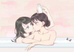  2girls absurdres anger_vein bang_dream! bang_dream!_it&#039;s_mygo!!!!! bath bathing bathtub black_hair blush breasts brown_hair bubble_bath cleavage collarbone eye_contact face-to-face hair_bun hair_tie highres looking_at_another mole mole_under_eye multiple_girls nude object_on_head panda parted_lips raito_taisha shared_bathing shiina_taki single_hair_bun soap_bottle yahata_umiri yuri 