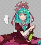  ... 1girl bottle bow brown_dress dress frilled_bow frilled_ribbon frilled_sleeves frills front_ponytail green_eyes green_hair grey_background hair_bow hair_ribbon holding holding_bottle kagiyama_hina long_hair looking_at_viewer parmesan_(168n) red_bow red_ribbon ribbon short_sleeves simple_background solo spoken_ellipsis touhou 