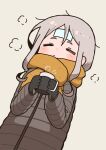  1girl bangs blush closed_eyes cooling_pad cup down_jacket gloves grey_hair highres holding holding_cup jacket long_hair long_sleeves lying mug on_back original scarf sick sleeping solo steam takurada thick_eyebrows 