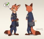  2022 aar0njay anthro artist_name barefoot canid canine clothed clothing digital_media_(artwork) dipstick_ears disney feet fox fully_clothed fur green_eyes hi_res inner_ear_fluff male mammal multicolored_ears nick_wilde open_mouth orange_body orange_fur police_uniform red_fox simple_background solo standing tuft uniform zootopia 