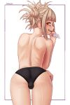  1girl artist_name ass black_panties blonde_hair boku_no_hero_academia bulge cowboy_shot from_behind futanari highres holding holding_knife knife looking_at_viewer messy_hair open_mouth panties seraziel solo teeth toga_himiko topless underwear white_background yellow_eyes 