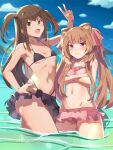  2girls absurdres aged_down aisha_(rfrm) animal_ear_fluff animal_ears bikini bikini_skirt black_bikini blush breasts brown_eyes brown_hair commentary_request frilled_bikini frills highres kizuna_kazeyama long_hair multiple_girls navel ocean pink_bikini raccoon_ears raccoon_girl raphtalia small_breasts smile string_bikini swimsuit tate_no_yuusha_no_nariagari thighs twintails v water 