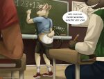  anthro bovid canid canine caprine classroom clothed clothing dialogue diaper diaper_under_clothing diaperdork digital_media_(artwork) english_text exposed goat hi_res infantilism male male/male mammal overalls school shortalls solo text 