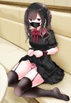  1girl @_@ black_dress black_hair black_thighhighs bow bowtie brown_eyes clothes_lift dress dress_lift garter_straps highres lifted_by_self long_hair looking_at_viewer mask mouth_mask oouso original panties pink_panties sitting solo thighhighs twintails underwear wariza 