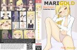  1girl blonde_hair breasts cover dvd_cover english_text fake_cover gravure gravure_cover highres lingerie mari_gold mole mole_under_eye orange_eyes original parody qr_code rong_rong small_breasts tagme thick_eyebrows underwear 