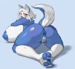  5_fingers 5_toes absurd_res anthro anus big_breasts big_butt blue_body blue_fur blue_lips blue_nipples blue_pawpads blush breasts butt canid canine canis darbo domestic_dog feet female fingers fur grey_eyes hair hi_res huge_breasts huge_butt husky hyper hyper_breasts lips looking_at_viewer looking_back mammal nipples nordic_sled_dog nunsafeforwork pawpads puffy_anus simple_background solo spitz toes white_body white_fur white_hair 