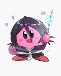  :d black_hair bleach cosplay highres holding holding_sword holding_weapon japanese_clothes katana kirby kirby_(series) kuchiki_rukia kuchiki_rukia_(cosplay) no_humans open_mouth smile snowflakes solo sword waligner weapon white_background 