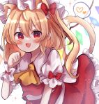  1girl animal_ear_fluff animal_ears ascot back_bow blonde_hair blush bow cat_ears collared_shirt cowboy_shot dorowa_(drawerslove) fang flandre_scarlet frilled_shirt_collar frilled_skirt frills hair_between_eyes happy hat heart highres large_bow long_hair looking_at_viewer mob_cap multicolored_wings open_mouth paw_pose puffy_short_sleeves puffy_sleeves red_bow red_eyes red_skirt red_vest shirt short_sleeves skirt solo spoken_heart touhou vest white_background white_bow white_headwear white_shirt wings wrist_cuffs yellow_ascot 