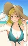  1girl absurdres aqua_bikini arm_up bare_arms bare_shoulders beach bikini blonde_hair blue_sky blurry blurry_background blush braid breasts brown_headwear cleavage collarbone crown_braid day dunchy front-tie_bikini_top front-tie_top grin hair_ornament hairclip halterneck hand_on_headwear hand_up hat highres horizon large_breasts looking_at_viewer love_live! love_live!_sunshine!! medium_hair ocean ohara_mari outdoors parted_lips shade single_braid sky smile solo straw_hat sun_hat swept_bangs swimsuit upper_body yellow_eyes 