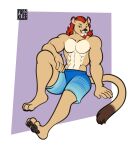  abs anthro black_pawpads clothing facial_hair felid freckles_(artist) fur goatee hair half-closed_eyes lion male mammal muscle_tone muscular muscular_anthro muscular_male narrowed_eyes orange_hair pantherine pawpads paws pecs simple_background smile solo swimming_trunks swimwear tan_body tan_fur yellow_body yellow_fur 