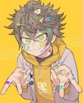  1boy bandaid bandaid_on_face bandaid_on_hand black_shirt brown_hair character_name closed_mouth commentary_request crescent decora desuhiko_thunderbolt double_v fried_egg green_eyes grey_jacket hair_ornament hairpin heart hood hood_down hoodie jacket long_sleeves looking_at_viewer male_focus master_detective_archives:_rain_code natto_rain pin rainbow shirt short_hair smile smiley_face solo star_(symbol) star_in_eye sticker_on_face symbol_in_eye upper_body v v-shaped_eyebrows x_hair_ornament yellow_background yellow_hoodie 