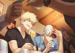  2boys 2others akiyama_(noconoco) bakugou_katsuki black_shirt blonde_hair blue_shirt blurry blurry_foreground boku_no_hero_academia bowl burn_scar ceiling_light chopsticks closed_eyes collarbone collared_shirt commentary_request cup depth_of_field hand_on_own_head hands_up holding holding_chopsticks holding_cup indoors looking_at_another male_focus menu multicolored_hair multiple_boys multiple_others open_mouth poster_(object) red_eyes red_hair scar scar_on_face shirt short_hair short_sleeves sideways_glance sitting smile spiked_hair split-color_hair t-shirt todoroki_shouto two-tone_hair upper_body v-shaped_eyebrows watch white_hair wristwatch 