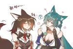  2girls ? animal_ear_fluff animal_ears arm_support bare_shoulders blush breasts brown_hair chinese_clothes cleavage closed_mouth collarbone detached_sleeves fox_ears fox_girl fox_tail frown green_hair hair_between_eyes honkai:_star_rail honkai_(series) korean_commentary large_breasts looking_at_another medium_breasts multiple_girls omg_fe3h ponytail simple_background tail tingyun_(honkai:_star_rail) translation_request white_background yukong_(honkai:_star_rail) 