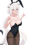  1girl ahoge animal_ears aqua_eyes bare_shoulders black_leotard blush breasts cleavage collarbone double_fox_shadow_puppet fake_animal_ears fox_ears fox_girl fox_shadow_puppet fox_tail hair_between_eyes haro_art highres hololive large_breasts leotard long_hair looking_down low_ponytail pantyhose playboy_bunny rabbit_ears shirakami_fubuki simple_background solo tail very_long_hair virtual_youtuber white_background white_hair 