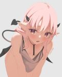  1girl bare_shoulders blue_background blush breasts demon_girl demon_horns demon_tail demon_wings fang horns leaning_forward looking_at_viewer open_mouth original pink_hair pointy_ears simple_background skeptycally solo tail wings 