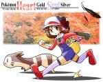  1girl :o autumn bag blue_overalls bow brown_eyes brown_hair cabbie_hat clenched_hands copyright_name full_body furret handbag hat hat_bow le_petit_prince lyra_(pokemon) open_mouth outline overalls photo_background pokegear pokemon pokemon_(creature) pokemon_(game) pokemon_hgss rascal red_bow red_footwear running shadow shoes short_hair solo thighhighs tree twintails white_headwear white_outline white_thighhighs yellow_bag 