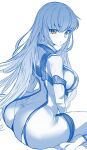 1girl absurdres ass barefoot blue_theme bodysuit breasts c.c. closed_mouth code_geass commentary from_side highres large_breasts long_hair looking_at_viewer looking_to_the_side monochrome ossou_rocket simple_background sitting soles solo straitjacket torn_clothes very_long_hair wardrobe_malfunction wariza white_background yellow_eyes 