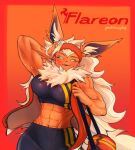  abs accessory anthro athletic athletic_female bag blush bodily_fluids breasts eeveelution female flareon fur generation_1_pokemon hair_accessory hairband hi_res inner_ear_fluff muscular muscular_female neck_tuft nintendo orange_body patrasche99 pokemon pokemon_(species) simple_background smile smiling_at_viewer solo sportswear sweat tuft 