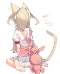  &gt;_&lt; 1girl animal_ears apron barefoot cat_day cat_ears cat_tail collared_dress commentary_request dated dress facing_away from_behind full_body highres kemonomimi_mode light_brown_hair long_hair napenasupe natori_sana panties pantyshot pink_apron puffy_short_sleeves puffy_sleeves sana_channel short_sleeves simple_background sitting soles solo stuffed_animal stuffed_rabbit stuffed_toy tail two_side_up underwear virtual_youtuber wariza white_background white_dress white_panties 