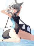  1girl animal_ear_fluff animal_ears arm_behind_head armpits arms_up bag bare_arms bare_legs bare_shoulders black_one-piece_swimsuit blue_archive blue_eyes breasts competition_swimsuit covered_navel duffel_bag extra_ears fox_ears goomrrat grey_hair halo highleg highleg_swimsuit highres long_hair looking_at_viewer medium_breasts mismatched_pupils one-piece_swimsuit ponytail shiroko_(blue_archive) shiroko_(swimsuit)_(blue_archive) simple_background sitting smile solo swimsuit thighs water wet white_background 