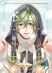  1boy blush green_eyes green_hair habit hair_ornament jewelry long_sleeves looking_at_viewer male_focus mei_emi12 necklace nu_carnival olivine_(nu_carnival) short_hair simple_background smile snowflake_hair_ornament star_(symbol) sweater upper_body white_sweater 