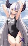  1girl ahoge armpits arms_up beach blush breasts covered_navel demon_girl demon_horns demon_tail grey_hair highres hololive horns la+_darknesss long_hair looking_at_viewer multicolored_hair nail_polish one-piece_swimsuit purple_hair small_breasts solo streaked_hair striped_horns swimsuit tail thomas_8000 translation_request two-tone_hair very_long_hair virtual_youtuber wet yellow_eyes 