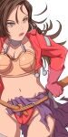  1girl aira_(dq7) aoi_nori_(aoicoblue) armor bikini_armor black_hair breasts closed_mouth collarbone dragon_quest dragon_quest_vii gloves groin lipstick long_hair looking_at_viewer makeup navel red_gloves simple_background solo thighhighs white_background 
