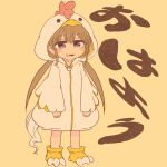  1girl alternate_costume blush_stickers brown_hair chicken_costume collarbone commentary_request fake_claws fake_tail full_body haiku_kit half-closed_eyes highres hood hood_up long_sleeves looking_at_viewer low_twintails open_mouth paw_shoes purple_eyes raised_eyebrows simple_background smile solo standing tail translation_request tsukuyomi_ai twintails voiceroid wide_sleeves yellow_background 