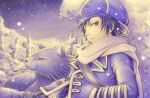  1boy black_hair blue_eyes blue_fur blue_headwear blue_jacket cat fang graveyard hand_in_pocket hat jacket male_focus purple_sky scarf short_hair sky snow snowing tealfrosty tegami_bachi tombstone traditional_media white_scarf zazie_winters 