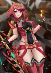  1girl aegis_sword_(xenoblade) artist_name black_gloves blurry blurry_background breasts chest_jewel earrings fingerless_gloves gloves highres holding holding_sword holding_weapon impossible_clothes jewelry looking_at_viewer pyra_(xenoblade) red_eyes red_hair ryuuneart solo swept_bangs sword thighs tiara weapon xenoblade_chronicles_(series) xenoblade_chronicles_2 