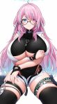  1girl absurdres black-framed_eyewear black_choker blue_eyes blue_hair breasts choker commission copyright_request glasses heterochromia highres huge_breasts multicolored_hair pink_eyes pink_hair skeb_commission solo streaked_hair suruga_(xsurugax) thigh_strap underboob 