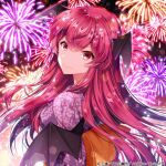  1girl album_cover bat_wings closed_mouth cover eyelashes fireworks head_wings japanese_clothes kimono koakuma long_hair looking_at_viewer looking_back night obi official_alternate_costume official_art orange_sash pink_kimono red_eyes red_hair sakura_tsubame sash smile touhou touhou_cannonball v-shaped_eyebrows wings yukata 