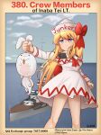  1girl :3 absurdres artist_name ascot back_bow battleship blonde_hair blue_eyes blue_sky blush bow breasts capelet carrot clenched_hand closed_mouth cloud commentary_request creature dress english_text epaulettes feet_out_of_frame frown hat hat_bow highres horizon inaba_tewi ju87r_(tvp1178) lily_white long_hair looking_afar medium_breasts military military_vehicle ocean poster_(medium) red_ascot red_bow ship sky sms_bayern sukusuku_hakutaku touhou very_long_hair warship watercraft white_capelet white_dress white_headwear 