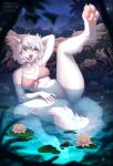 anthro blue_eyes canid canine clothed clothing detailed_background female fur hair heterochromia hi_res kyotoleopard lying mammal on_back orange_eyes pawpads paws pose presenting raised_leg solo spread_legs spreading swimwear water white_body white_fur white_hair 