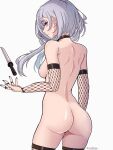  1girl absurdres ass blue_eyes breasts coubalty dagger fishnet_thighhighs fishnets grey_hair highres hololive hololive_indonesia knife long_hair looking_at_viewer looking_back nude sideboob solo thighhighs thighs vestia_zeta virtual_youtuber weapon 