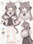 1girl :o absurdres ahoge animal_ear_fluff animal_ears anklet barefoot black_skirt blue_eyes blush brown_hair cat_ears cat_girl cat_tail collared_shirt colon_br cropped_torso dot_nose hair_between_eyes high-waist_skirt highres hood hood_down hooded_jacket jacket jewelry legs_apart long_bangs long_hair long_sleeves low_twintails miniskirt multiple_views off_shoulder open_clothes open_jacket open_mouth original pleated_skirt profile raised_eyebrows shirt shirt_tucked_in sidelocks simple_background skirt straight-on tail turnaround twintails white_background white_jacket white_shirt 