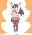  1girl african_penguin_(kemono_friends) black_hair coroha full_body grey_hair hood hoodie jumping kemono_friends kemono_friends_v_project long_hair looking_at_viewer multicolored_hair orange_background pantyhose penguin_girl penguin_tail pink_hair shirt shoes shorts simple_background solo straight_hair tail virtual_youtuber 