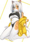  anthro big_breasts bra breasts calico_cat clothed clothing domestic_cat etivka felid feline felis female fur hair hi_res mammal partially_clothed solo thong underwear white_body white_fur white_hair yellow_eyes 