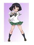  1girl ;) armband bangs black_eyes black_hair black_neckerchief black_socks blouse blunt_bangs blunt_ends bob_cut brown_footwear commentary full_body girls_und_panzer green_skirt loafers long_sleeves looking_at_viewer miniskirt neckerchief one_eye_closed ooarai_school_uniform open_mouth outline pleated_skirt purple_background sailor_collar school_uniform serafuku shirt shoes short_hair skirt smile socks solo sono_midoriko standing takahashi_kurage textless_version v-shaped_eyebrows white_outline white_sailor_collar white_shirt 