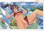  1girl absurdres bare_shoulders bikini breasts day hair_ornament highres large_breasts long_hair looking_at_viewer official_art open_mouth outdoors page_number ponytail scan senran_kagura senran_kagura_new_link shiny_skin simple_background smile solo swimsuit thighs yaegashi_nan 