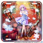  1girl alternate_costume bag bar_(place) breasts bubble chair cleavage closed_mouth commentary contrapposto copyright_name drinking_straw english_commentary english_text full_body game_cg glass_bottle hair_ornament letty_whiterock letty_whiterock_(rocks_or_neat) light_purple_hair looking_at_viewer purple_eyes rotte_(1109) scarf short_hair shoulder_bag smile snowflake_print snowflakes solo standing star_(symbol) star_hair_ornament table third-party_source touhou touhou_lost_word white_scarf 