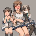  3girls abyssal_ship artist_logo artist_name black_hair black_socks black_thighhighs blue_skirt blush brown_eyes brown_hair closed_eyes closed_mouth ergot fubuki_(kancolle) fubuki_kai_ni_(kancolle) green_sailor_collar grey_background grey_hair horns jewelry kantai_collection kneehighs lycoris_fubuki multiple_girls open_mouth pleated_skirt red_eyes ring sailor_collar school_uniform serafuku short_hair short_ponytail short_sleeves simple_background skirt smile socks thighhighs wedding_ring 