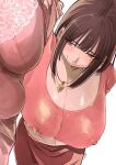  1girl bra breasts brown_hair chichi8181 highres huge_breasts jewelry necklace nipples simple_background solo underwear 