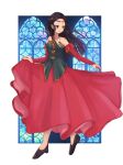  1girl bare_shoulders black_hair bow breasts brown_eyes circlet closed_mouth detached_sleeves dress frills full_body gensou_suikoden gensou_suikoden_ii high_heels highres jewelry jillia_blight korunosabu long_hair necklace pendant shoes smile solo standing window 