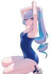  1girl absurdres armpits arms_up bare_arms bare_legs blue_hair blue_one-piece_swimsuit blue_ribbon breasts bronya_zaychik bronya_zaychik_(herrscher_of_truth) cleavage closed_mouth collarbone colored_inner_hair from_side grey_hair hair_between_eyes hair_ribbon high_ponytail highres honkai_(series) honkai_impact_3rd legs looking_at_viewer multicolored_hair on_one_knee one-piece_swimsuit purple_eyes ribbon sandals school_swimsuit simple_background small_breasts smile solo spaghetti_strap swimsuit two-tone_hair white_background yonacia 