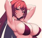  1girl armpits arms_up bikini blush breasts commission gradient_background grin hair_between_eyes highres large_breasts long_hair looking_at_viewer neinlol original purple_bikini red_eyes red_hair sideboob simple_background skindentation smile solo steam swimsuit underboob upper_body very_long_hair 