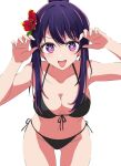  1girl bikini black_bikini breasts flower front-tie_bikini_top front-tie_top hair_flower hair_ornament highres hoshino_ai_(oshi_no_ko) kusana_(kusana47454281) looking_at_viewer medium_breasts oshi_no_ko purple_eyes purple_hair side-tie_bikini_bottom simple_background solo swimsuit symbol-shaped_pupils thighs tongue tongue_out white_background 